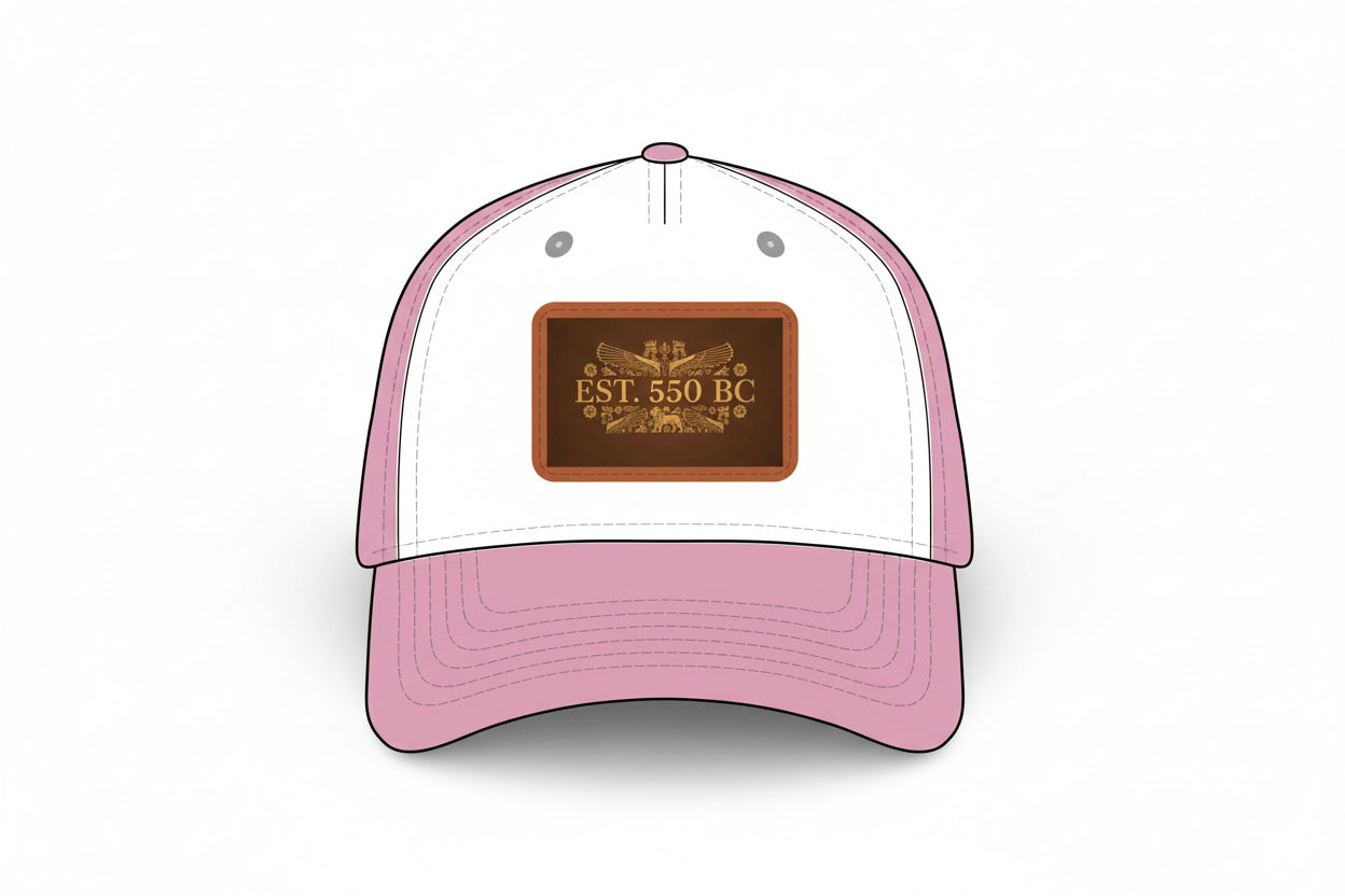Pink and white cap with a brown logo and text on a white background