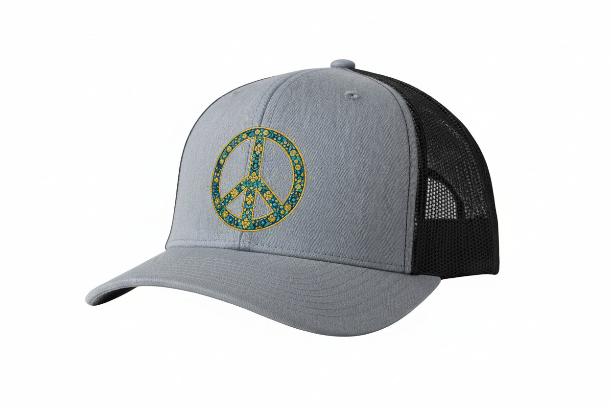 Gray and black cap with a peace symbol